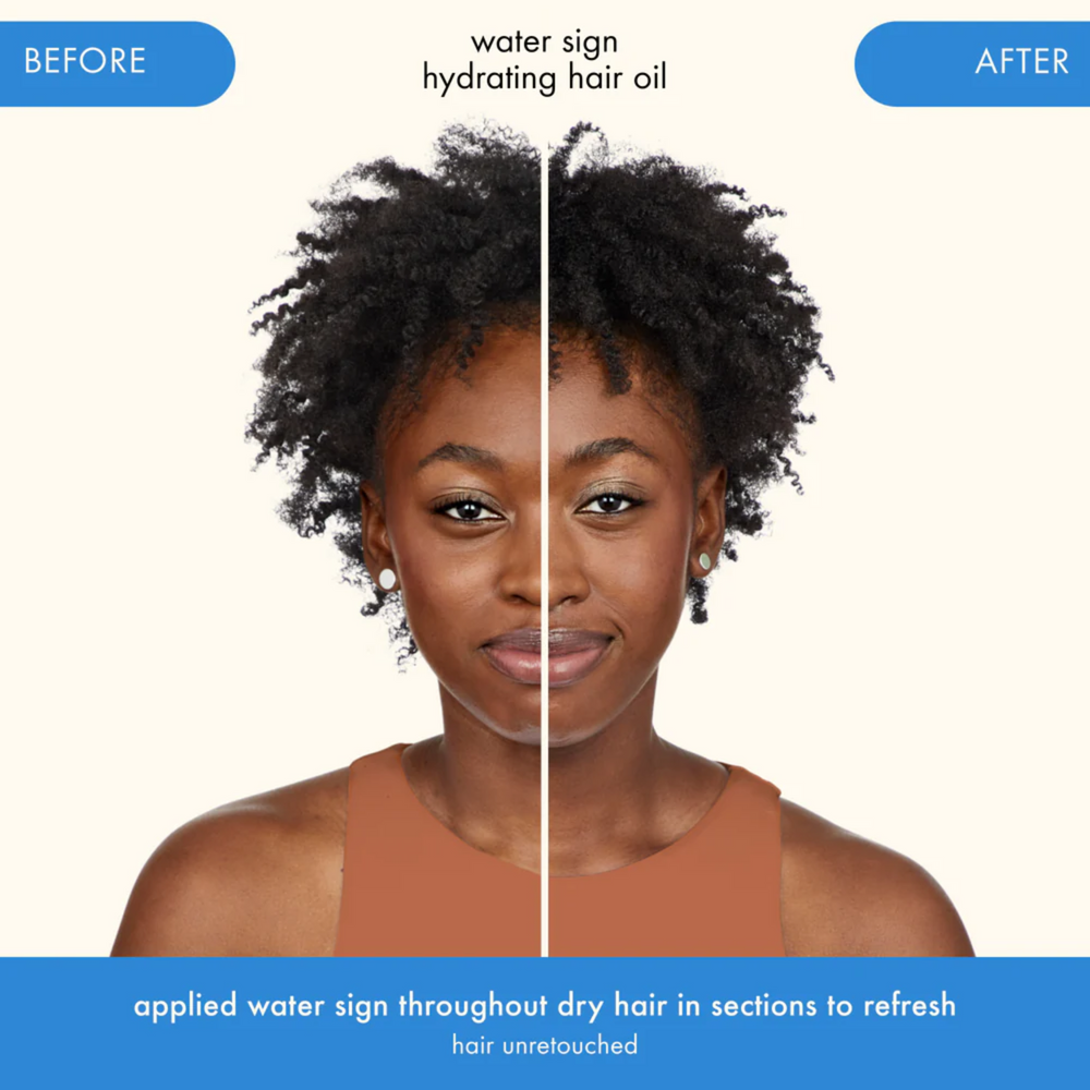 Flacon élégant Amika Water Sign Hydrating Hair Oil 50 ml, huile hydratante brillante pour cheveux secs et texturés.

