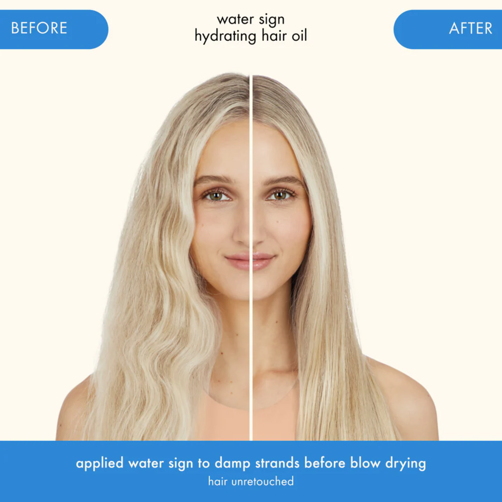 Flacon élégant Amika Water Sign Hydrating Hair Oil 50 ml, huile hydratante brillante pour cheveux secs et texturés.

