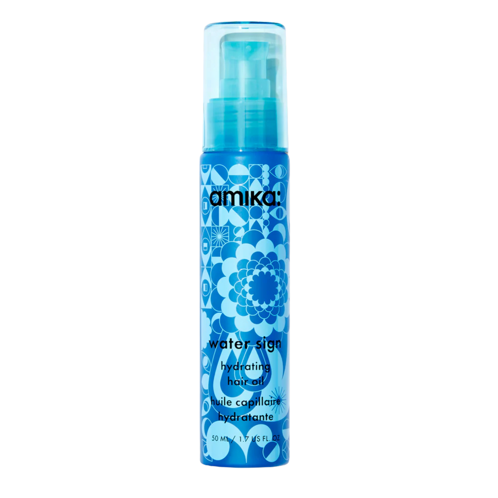 Flacon élégant Amika Water Sign Hydrating Hair Oil 50 ml, huile hydratante brillante pour cheveux secs et texturés.

