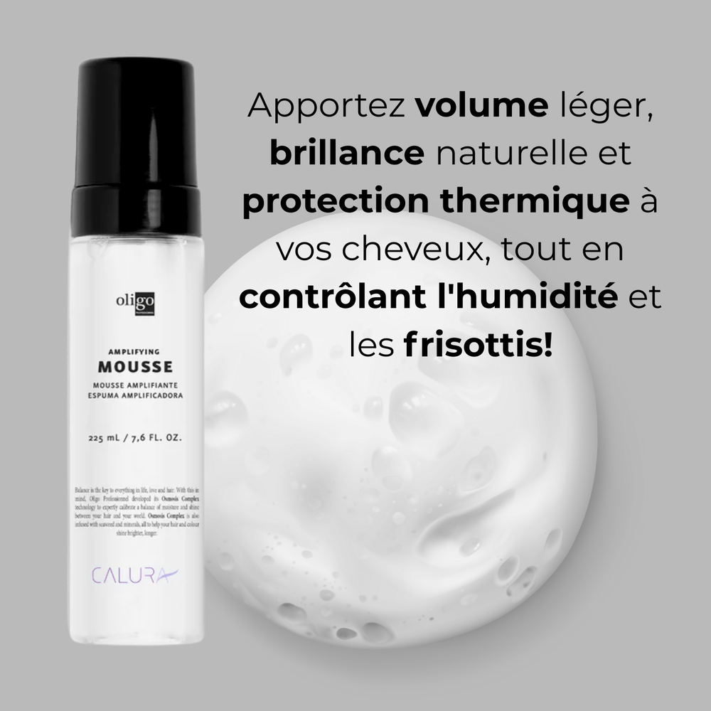 “Flacon d’Amplifying Mousse Oligo – mousse volume léger et tenue flexible”