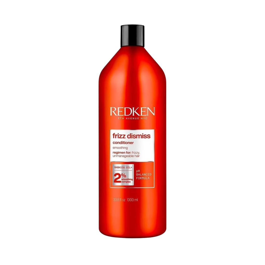 Flacon de l’après‑shampooing Redken Frizz Dismiss, formule sans sulfates, enrichie en huile de babassu, idéal anti‑frisottis.