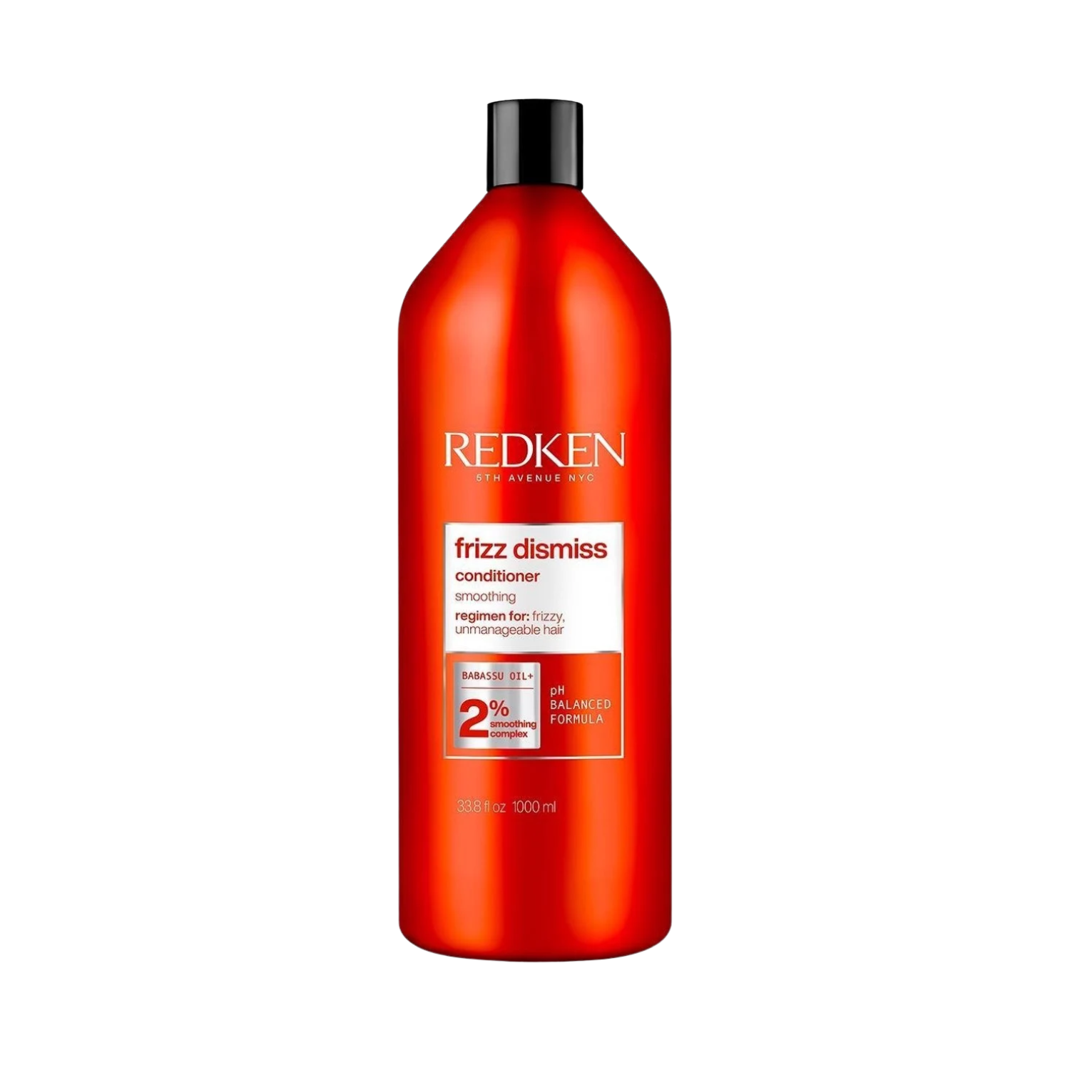 Flacon de l’après-shampoing Redken Frizz Dismiss sur fond neutre.
