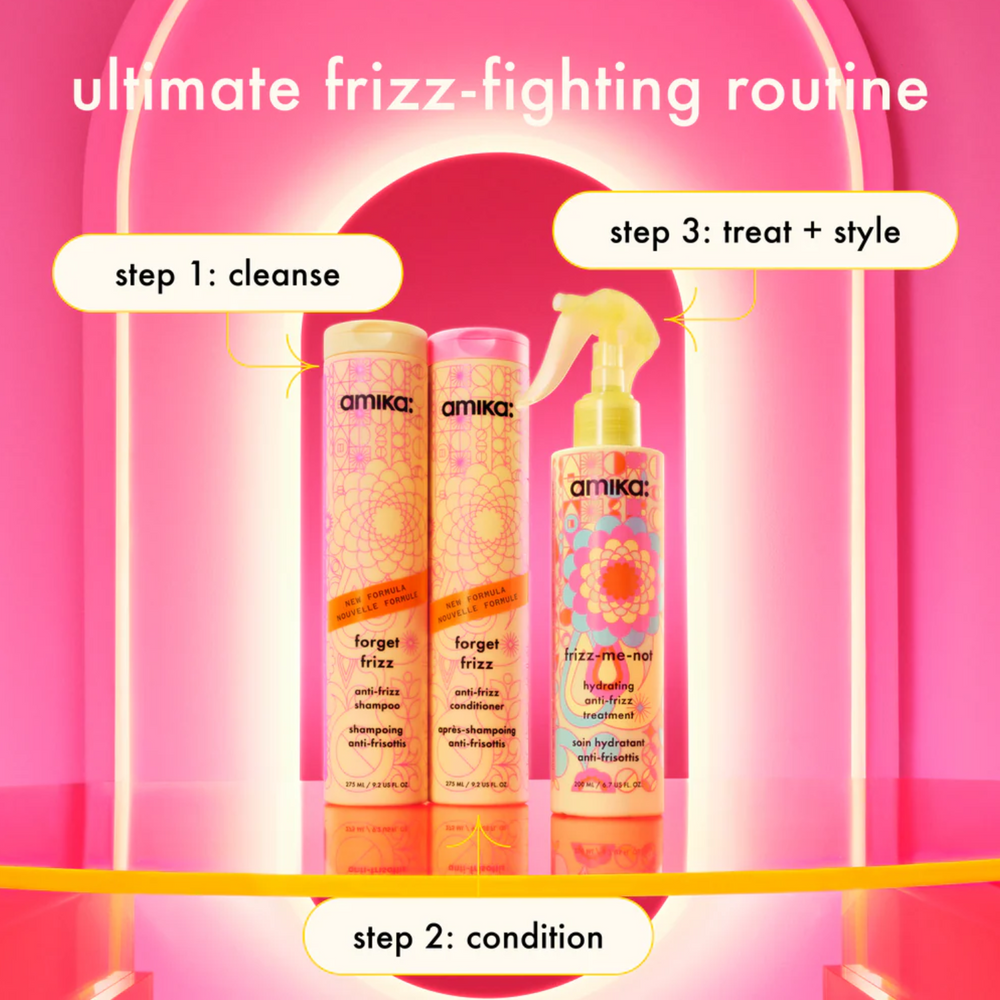 Flacon d’après-shampoing amika Forget Frizz pour cheveux lisses et sans frisottis

