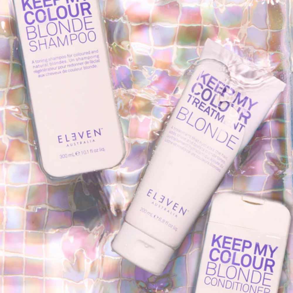 Flacon de l’après-shampoing Keep My Colour Blonde Conditioner d’ELEVEN Australia, texture crémeuse