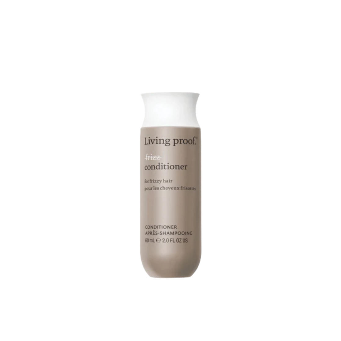 Flacon beige clair de l’après‑shampoing No Frizz Conditioner, design épuré, posé sur fond neutre évoquant douceur, contrôle des frisottis et soin capillaire professionnel.

