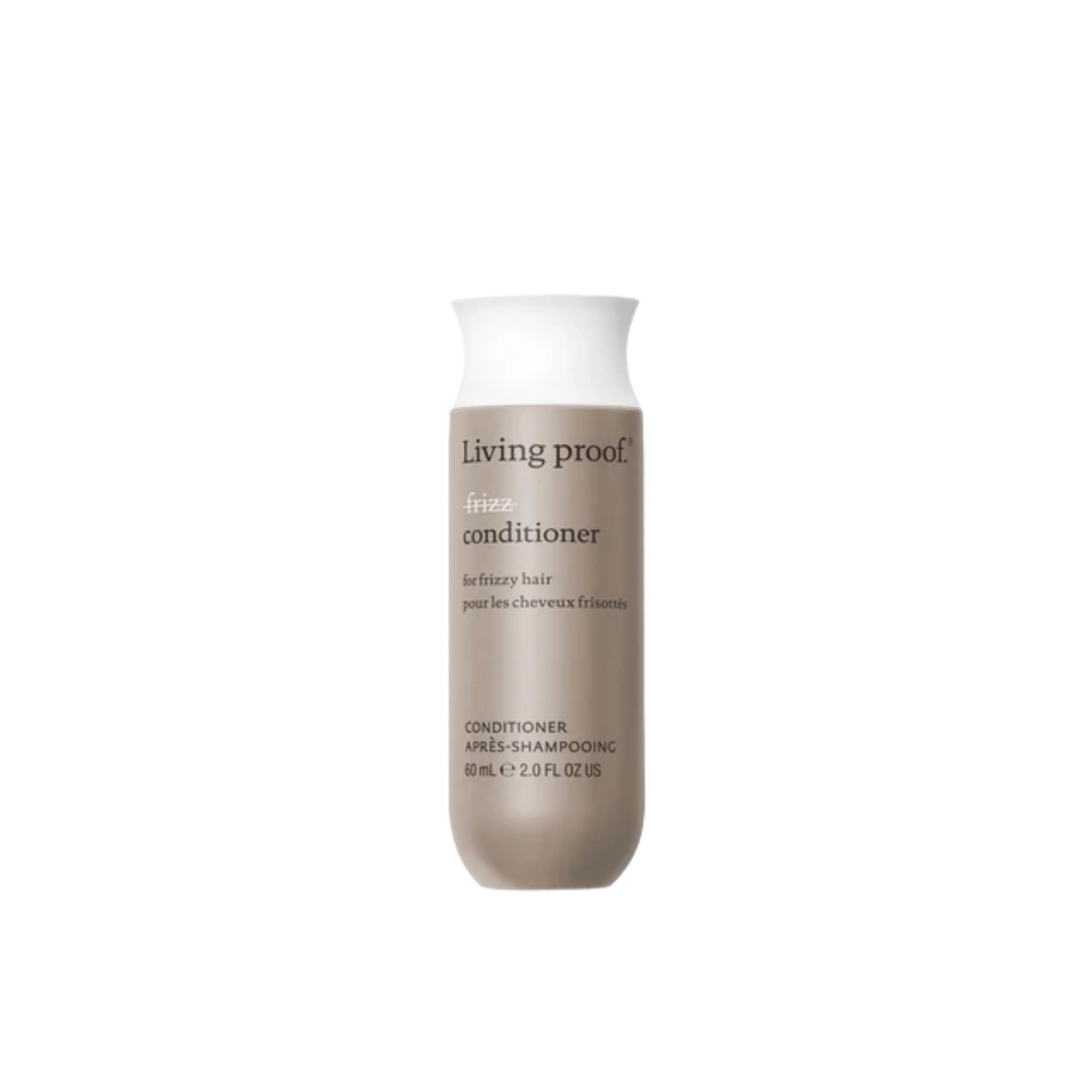 Flacon beige clair de l’après‑shampoing No Frizz Conditioner, design épuré, posé sur fond neutre évoquant douceur, contrôle des frisottis et soin capillaire professionnel.

