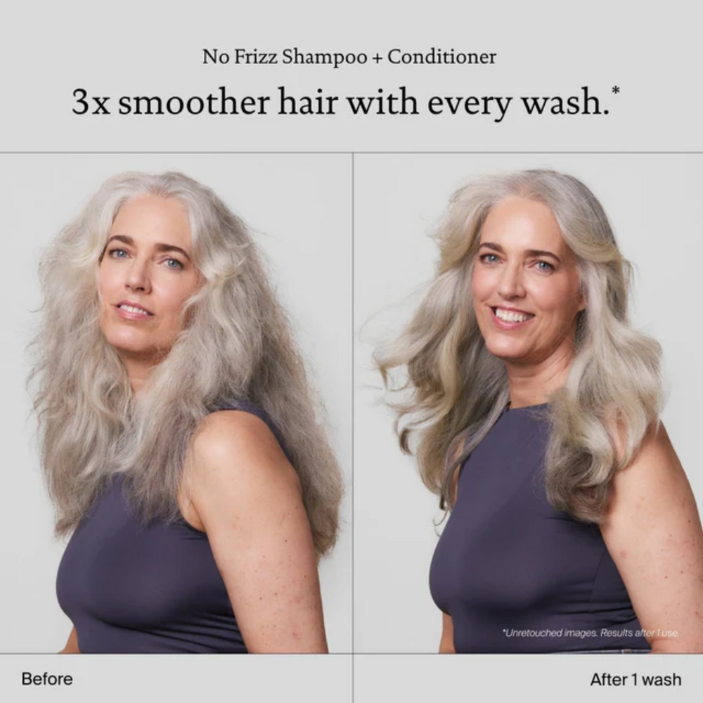Flacon beige clair de l’après‑shampoing No Frizz Conditioner, design épuré, posé sur fond neutre évoquant douceur, contrôle des frisottis et soin capillaire professionnel.

