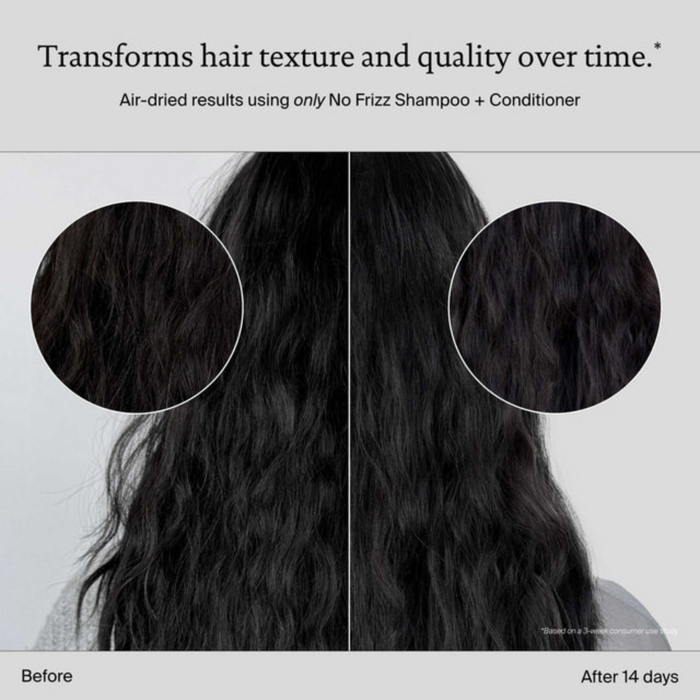 Flacon beige clair de l’après‑shampoing No Frizz Conditioner, design épuré, posé sur fond neutre évoquant douceur, contrôle des frisottis et soin capillaire professionnel.

