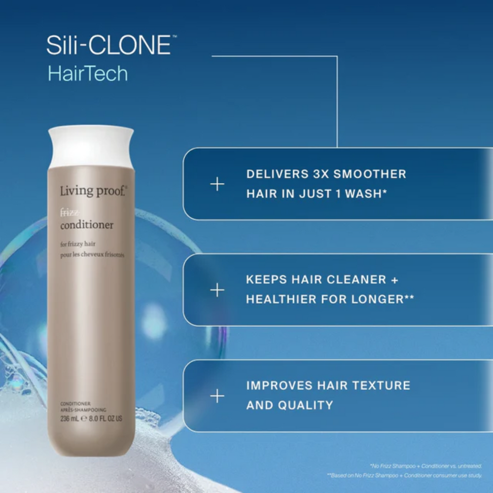 Flacon beige clair de l’après‑shampoing No Frizz Conditioner, design épuré, posé sur fond neutre évoquant douceur, contrôle des frisottis et soin capillaire professionnel.


