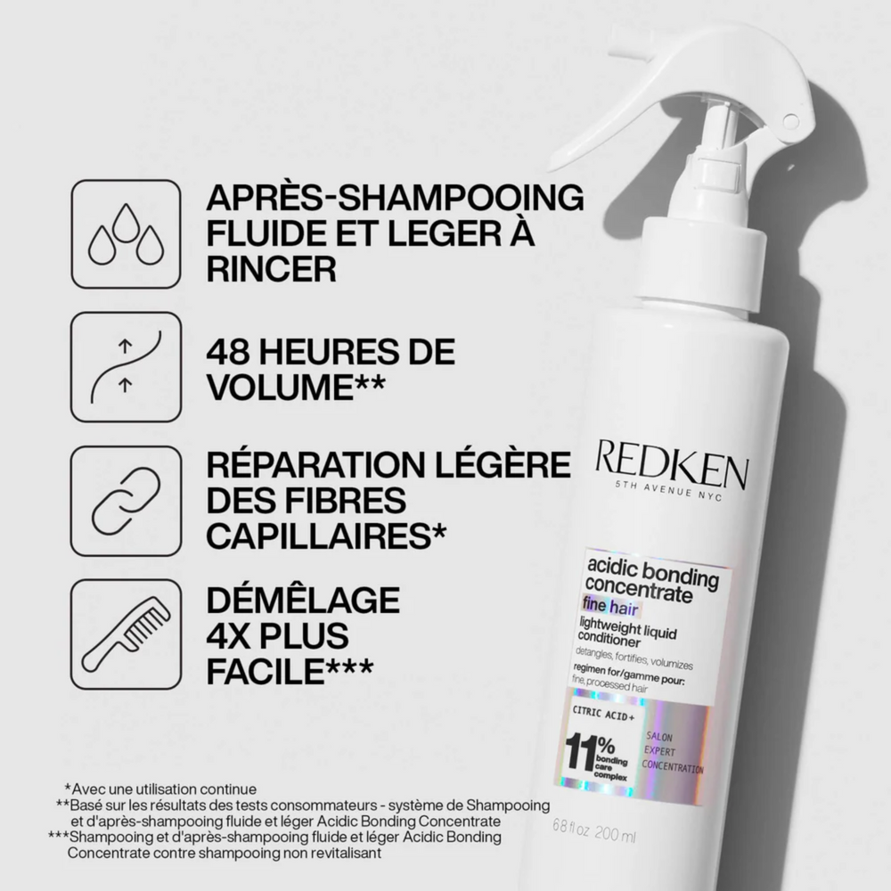 Flacon 200 ml de l’après-shampoing liquide léger Redken ABC sur fond blanc.