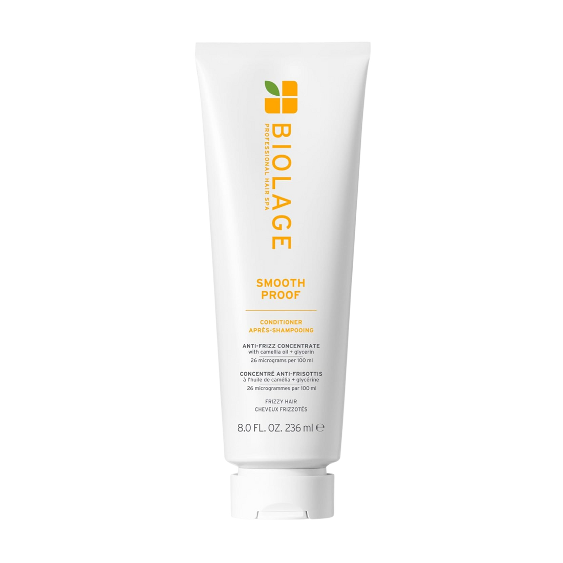 « Tube de Biolage SmoothProof Conditioner – emballage recyclable, formulation vegan, sans silicone, image de cheveux lisses »