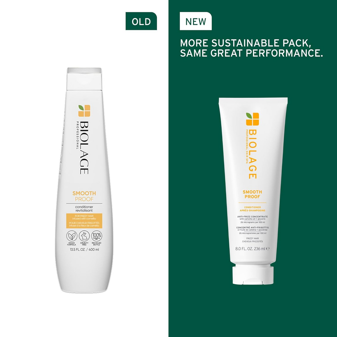 « Tube de Biolage SmoothProof Conditioner – emballage recyclable, formulation vegan, sans silicone, image de cheveux lisses »