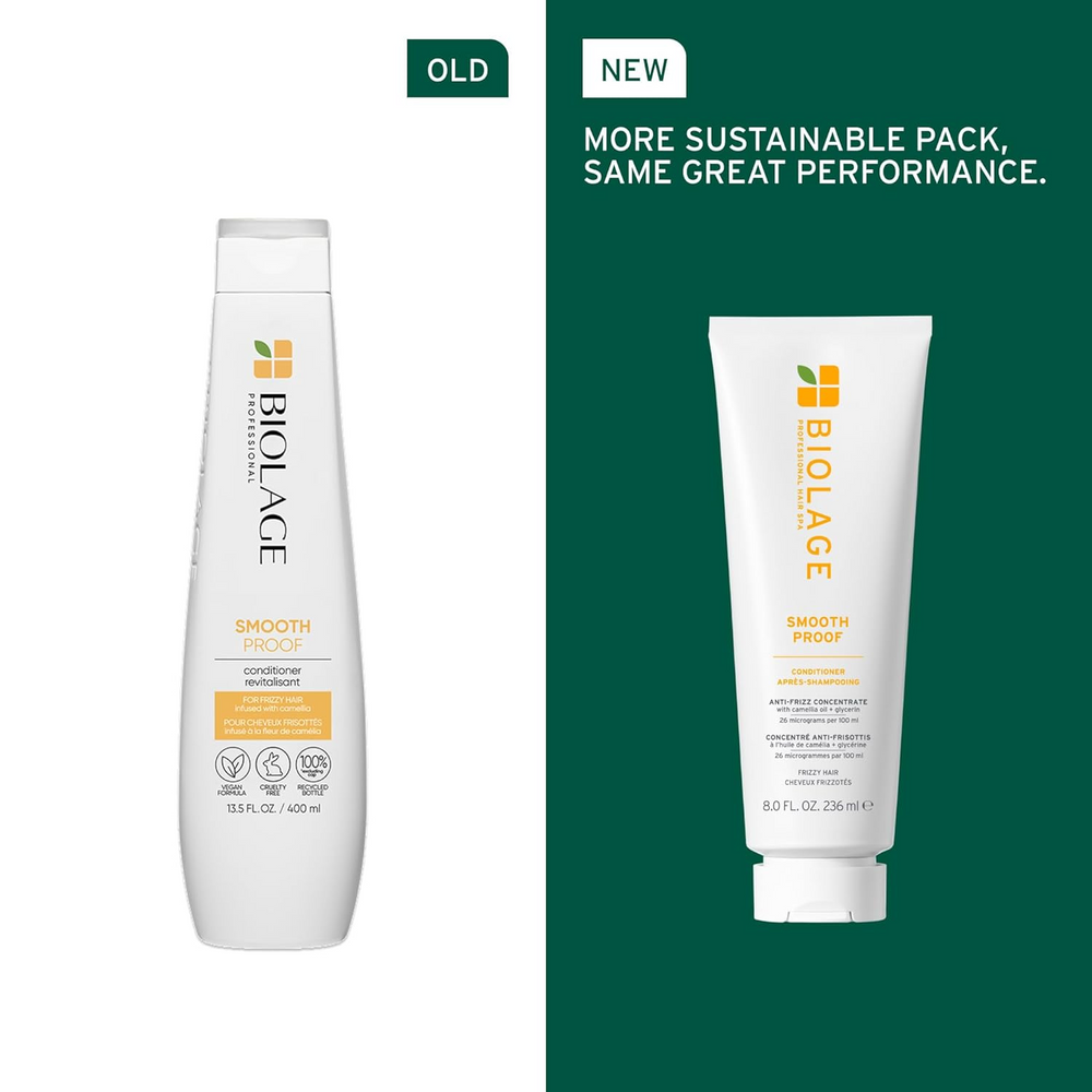 « Tube de Biolage SmoothProof Conditioner – emballage recyclable, formulation vegan, sans silicone, image de cheveux lisses »