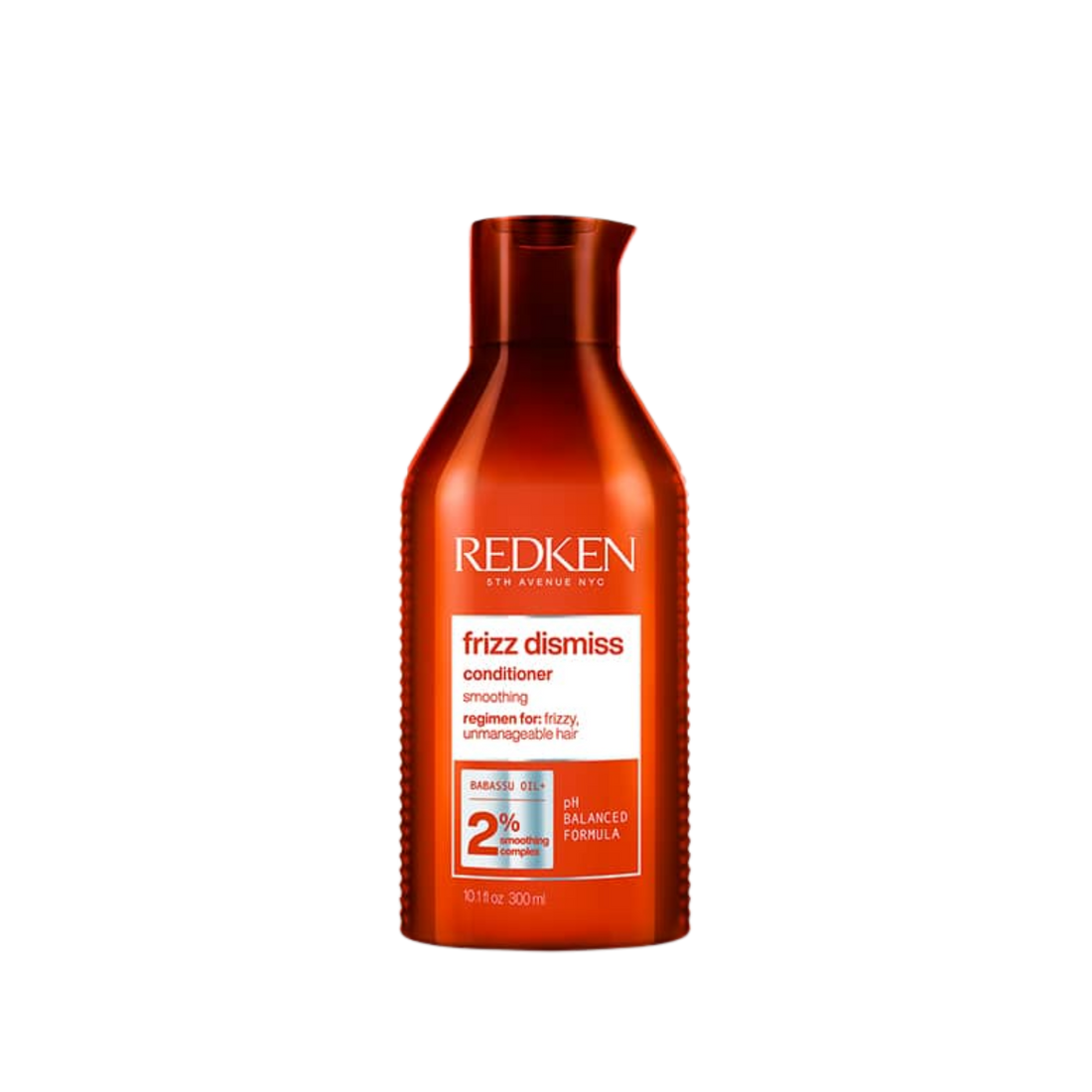 Flacon de l’après‑shampooing Redken Frizz Dismiss, formule sans sulfates, enrichie en huile de babassu, idéal anti‑frisottis.