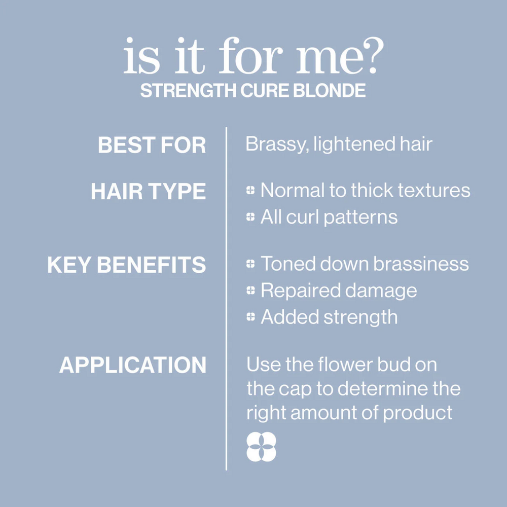 Flacon violet d’après‑shampooing Strength Cure Blonde de Pureology, accompagné d’une touche de fleurs d’orchidée et de poires évoquant les ingrédients clés.