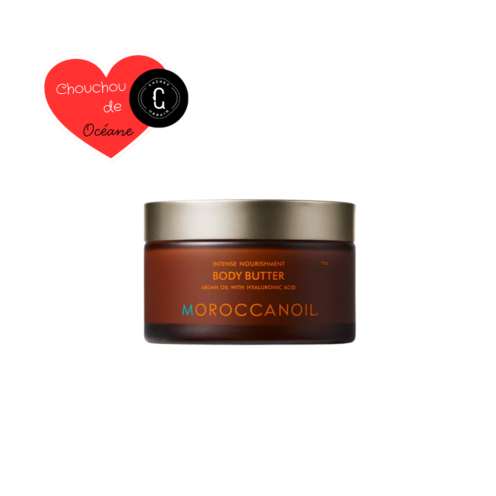 Pot de Baume Corps Moroccanoil : crème riche et nourrissante pour peau sèche, en pot de verre recyclable avec parfum signature.