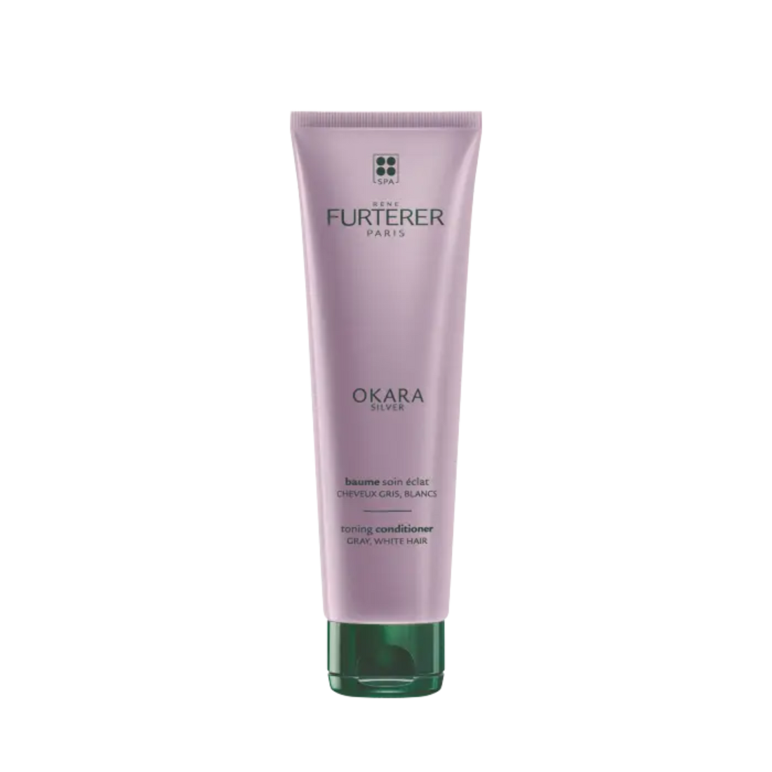 Tube 150 ml du Baume Soin Éclat Okara Silver René Furterer, soin déjaunissant sans silicone pour cheveux gris, blancs ou blonds platine
