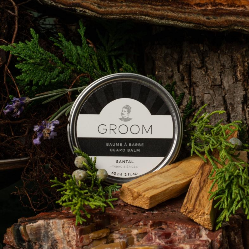 Pot de baume à barbe Groom 60 ml, texture fondante, soin naturel à base de cire, karité et argan, disponible en trois parfums distincts

