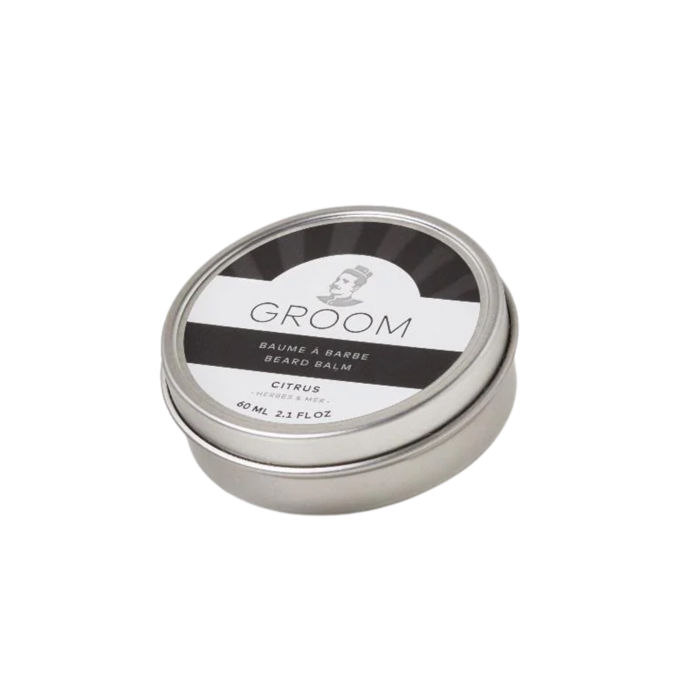 Pot de baume à barbe Groom 60 ml, texture fondante, soin naturel à base de cire, karité et argan, disponible en trois parfums distincts

