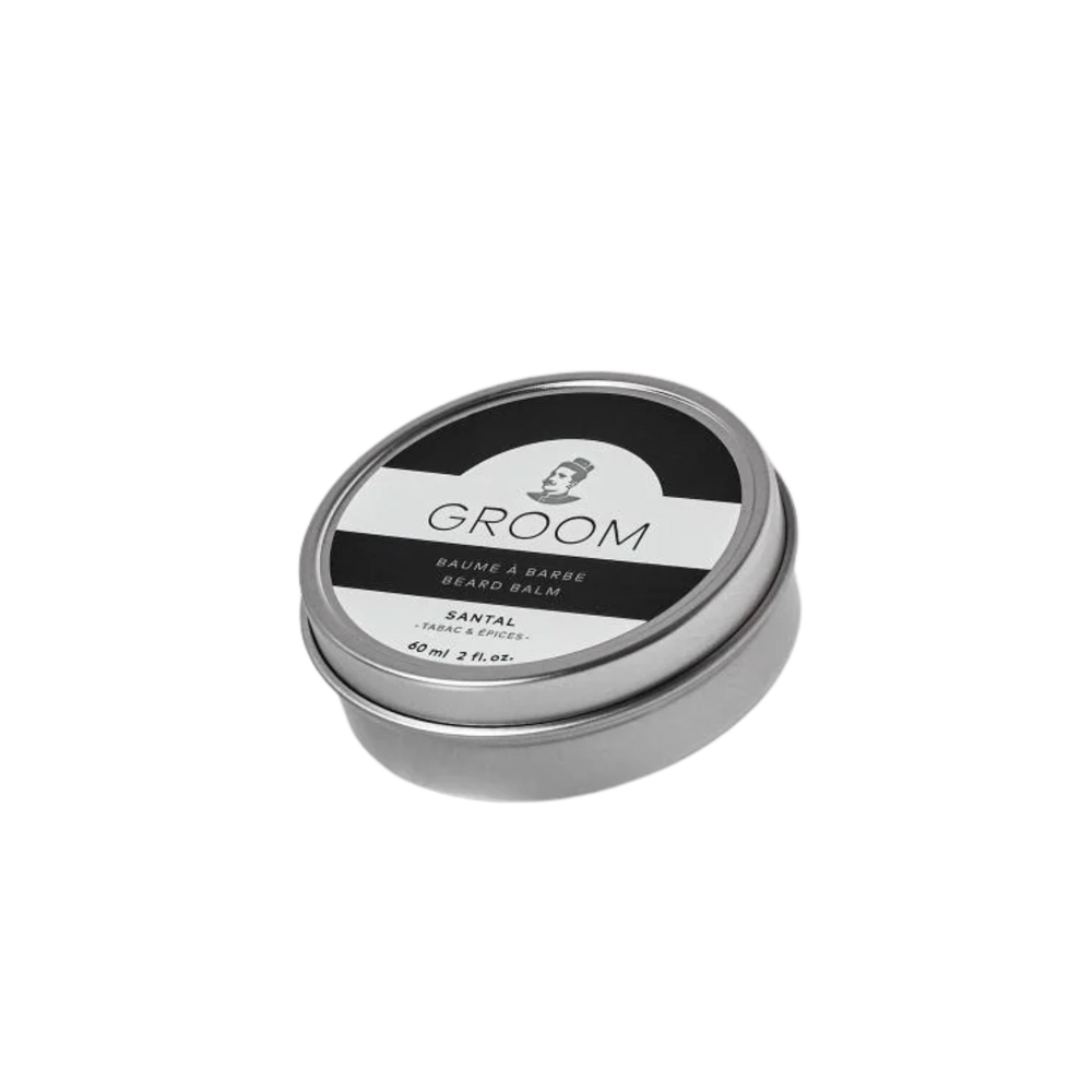Pot de baume à barbe Groom 60 ml, texture fondante, soin naturel à base de cire, karité et argan, disponible en trois parfums distincts

