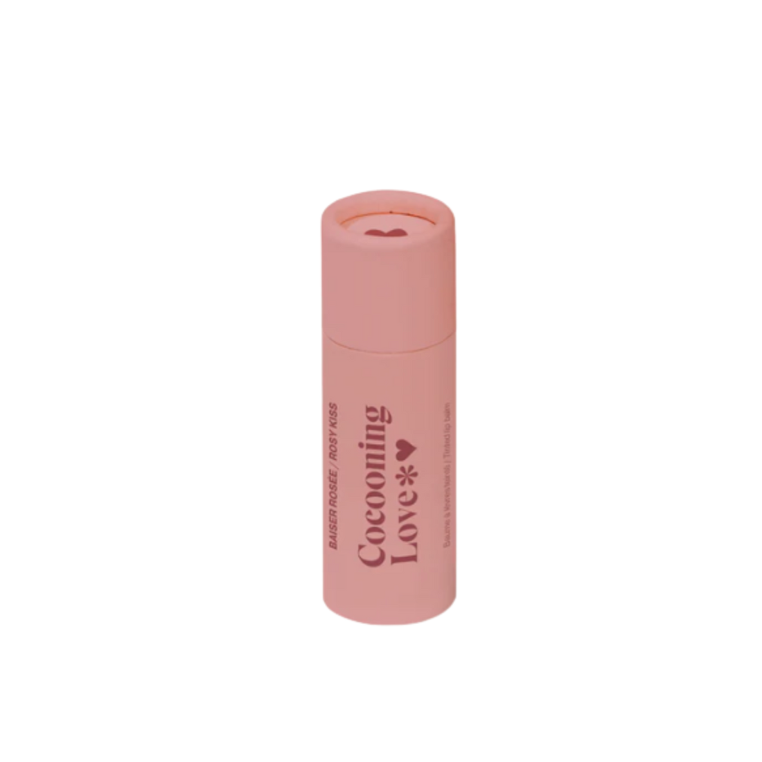 Baume à lèvres teinté Cocooning Love Rosy Kiss dans un tube en carton, teinte rosée délicate.
