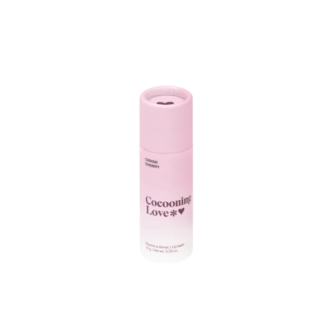 Tube en carton du baume à lèvres Cocooning Love Cerise, saveur cerise et formule naturelle.