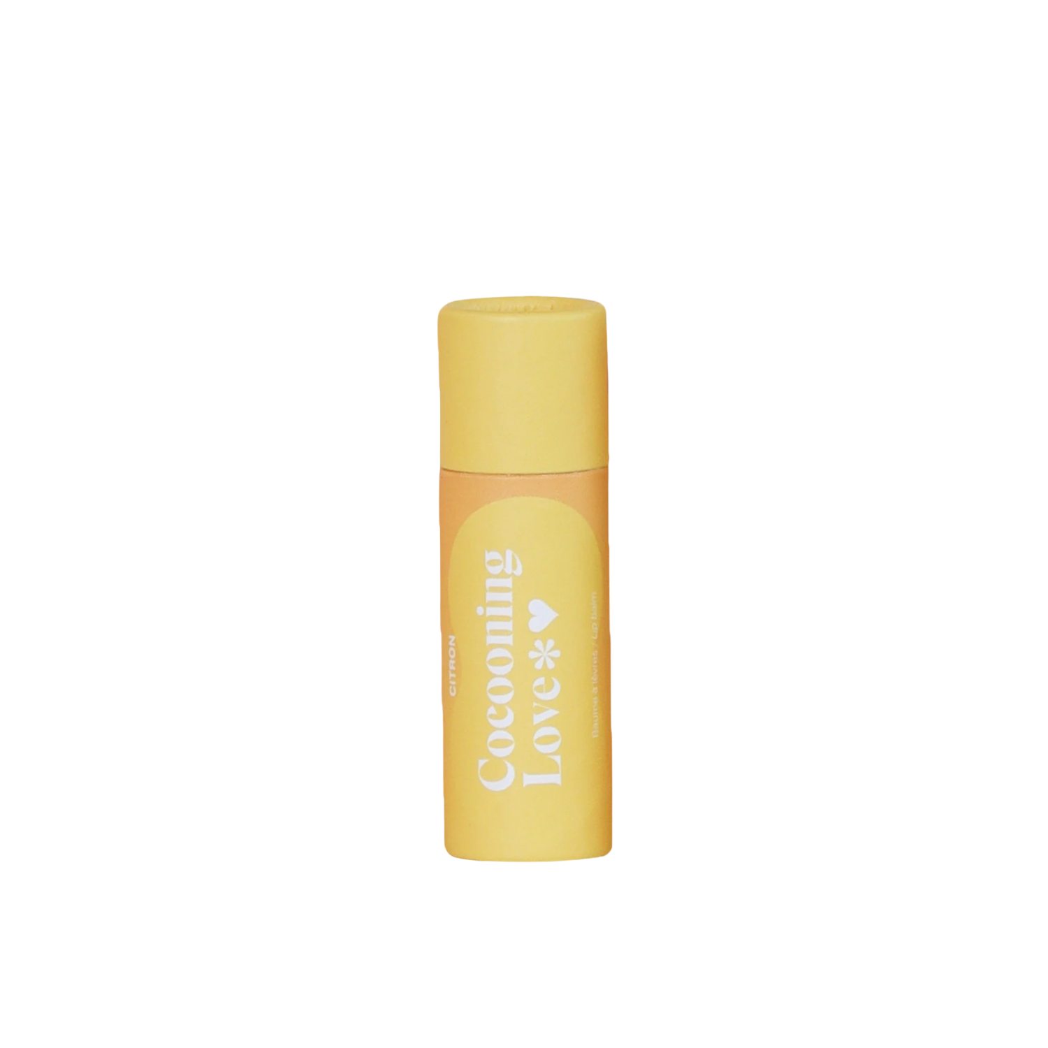 Tube en carton du baume à lèvres Cocooning Love parfum citron, végan et naturel.