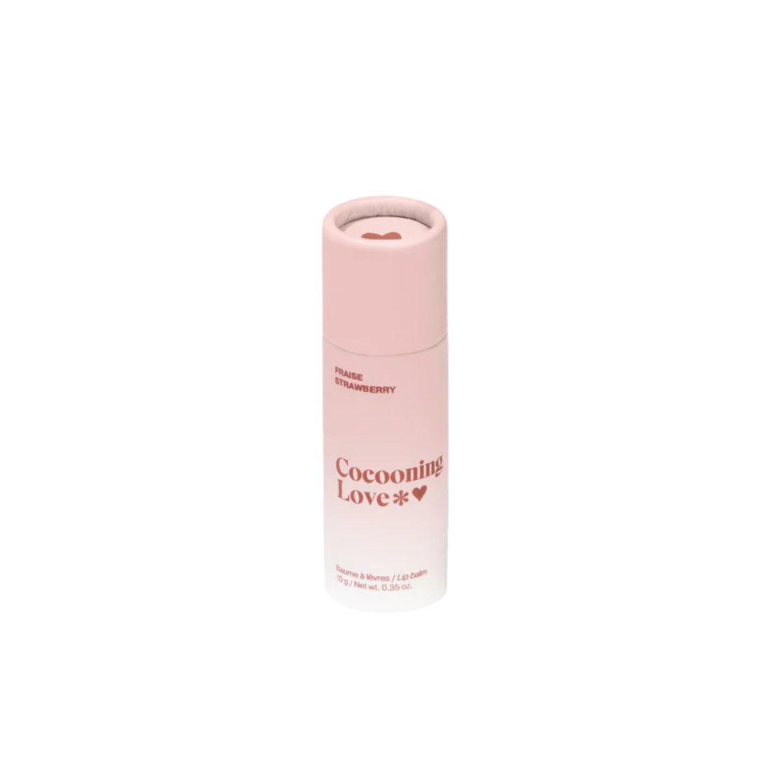 Tube en carton du baume à lèvres Cocooning Love goût fraise, 10 g, formule naturelle et végan.