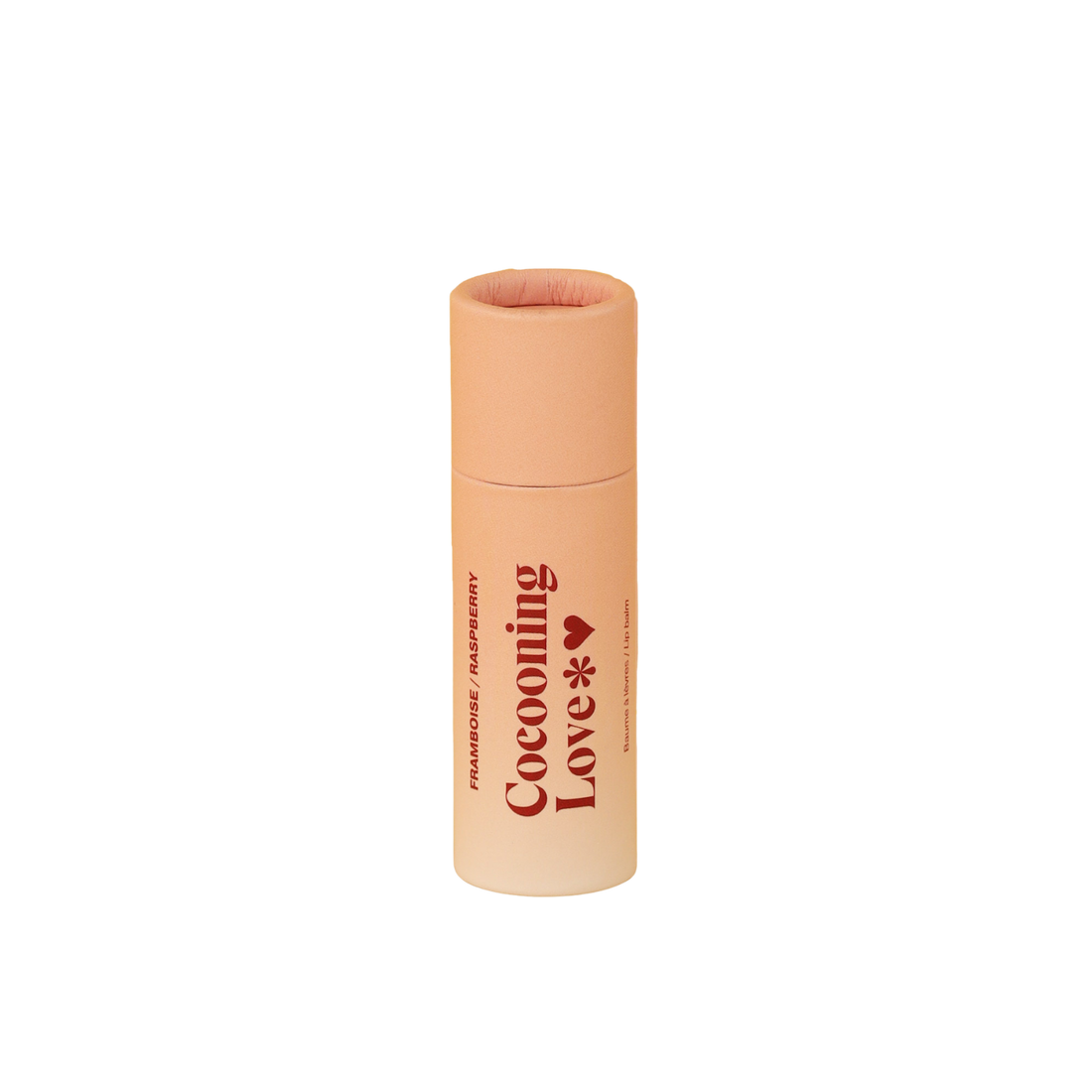 Tube en carton du baume à lèvres Cocooning Love framboise, formule végan et parfum fruité.
