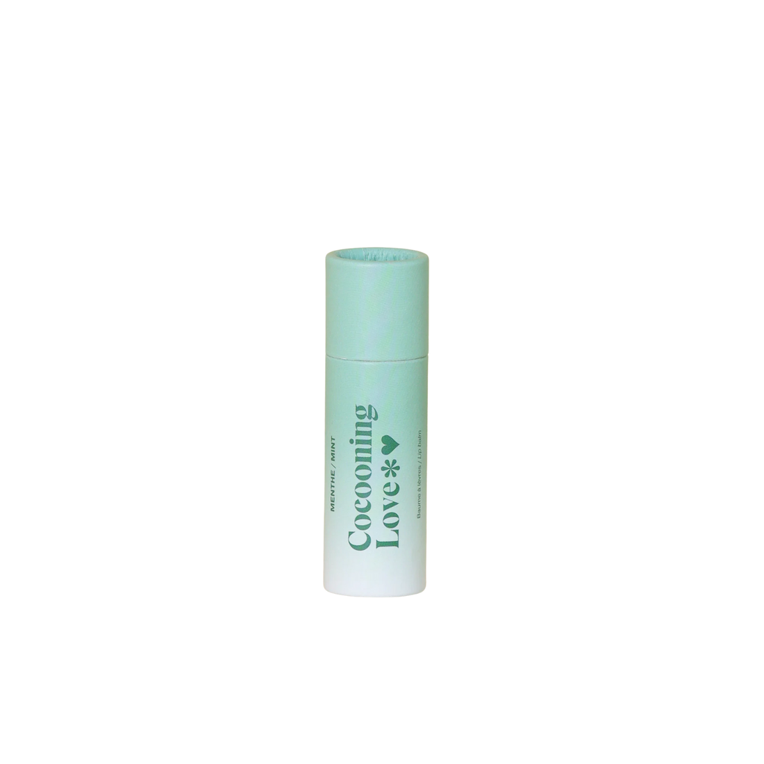 Tube en carton du baume à lèvres Cocooning Love goût menthe, naturel et végan.