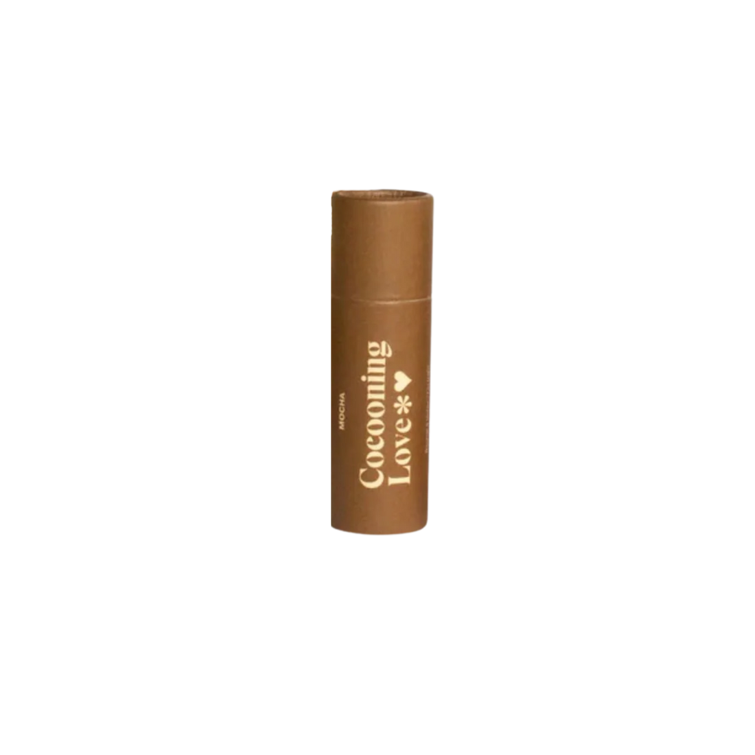 Tube en carton du baume à lèvres Cocooning Love saveur Mocha, formule végan et naturelle.