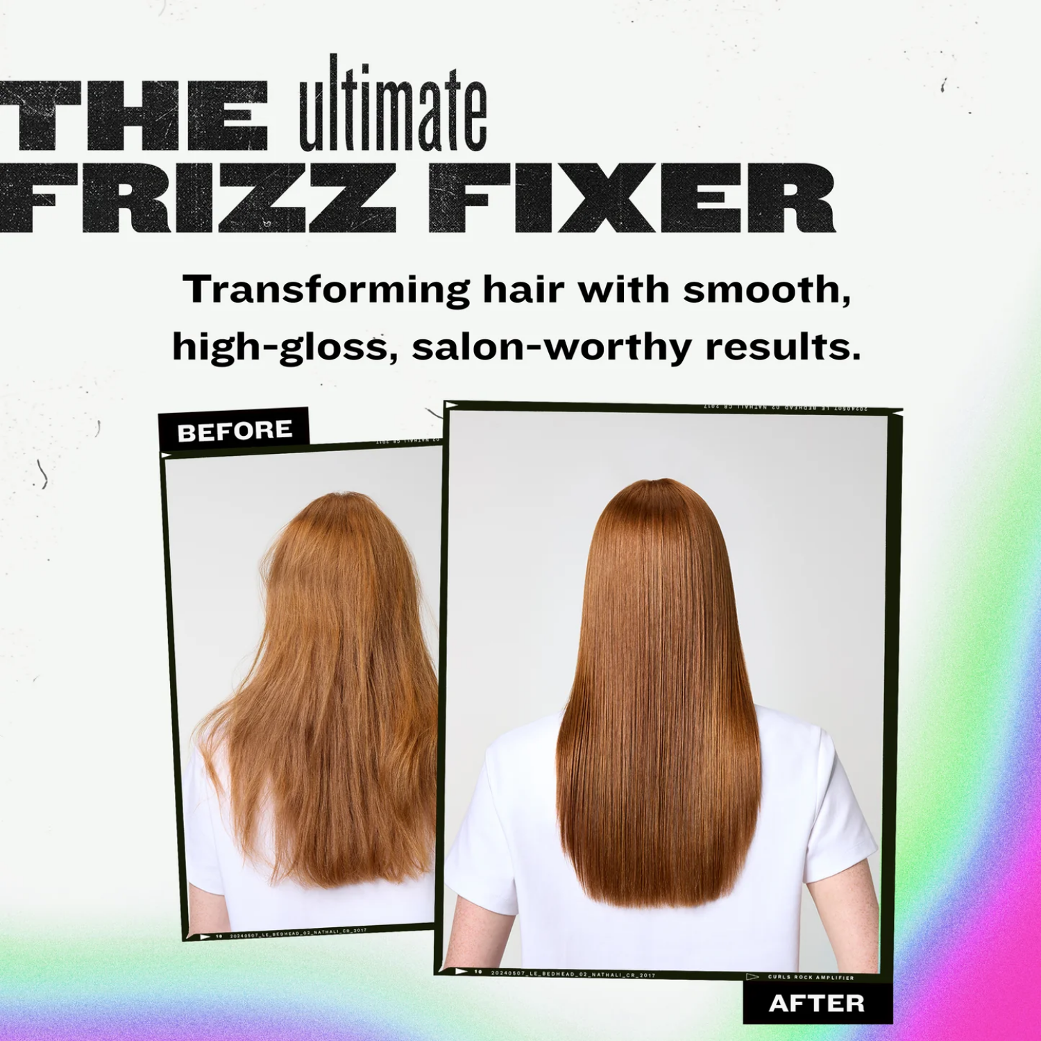Avant après cheveux frisottis domptés crème Bed Head TIGI
