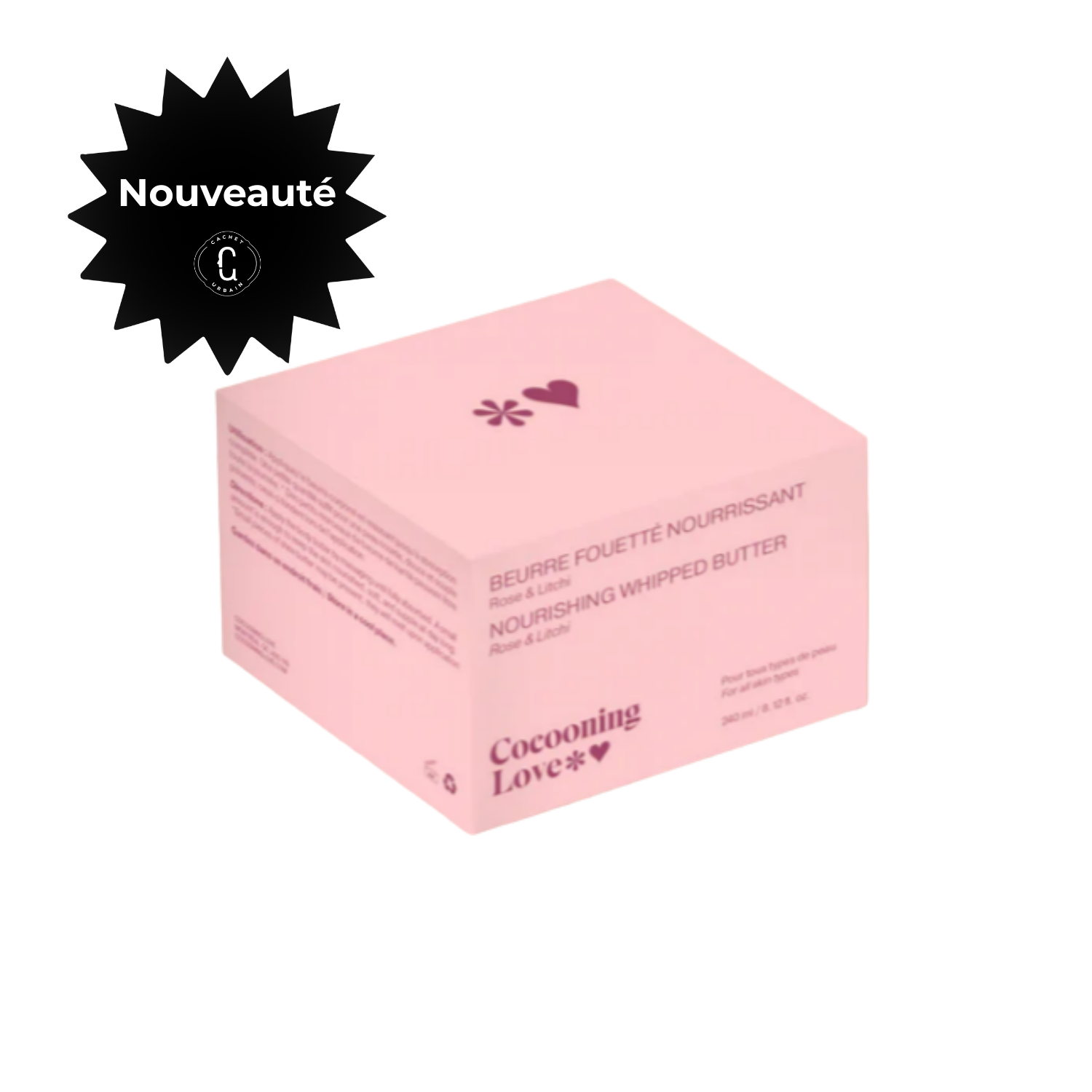 Beurre fouetté corporel Rose & Litchi Cocooning Love pour peau douce hydratée fruité.