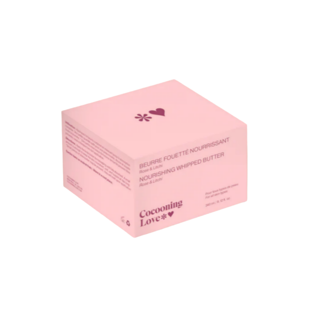 Beurre fouetté corporel Rose & Litchi Cocooning Love pour peau douce hydratée fruité.