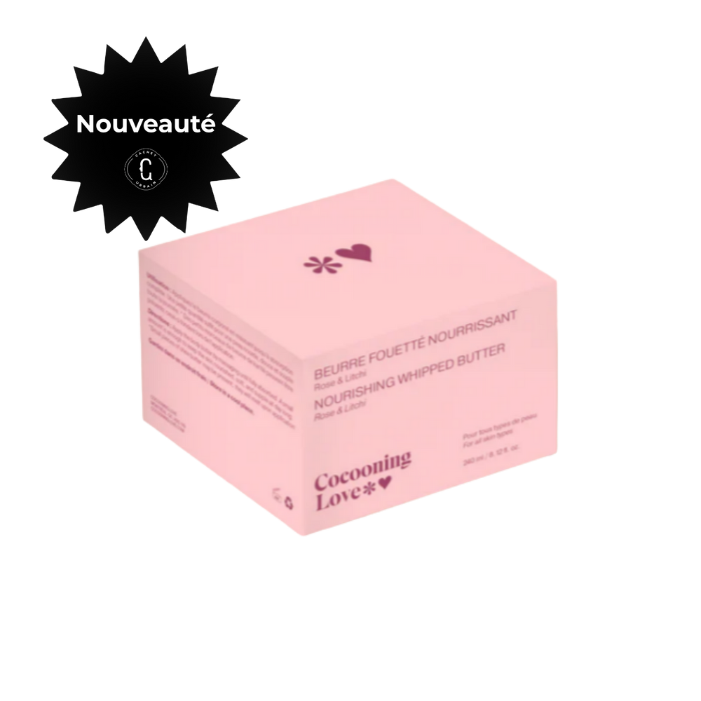 Beurre fouetté corporel Rose & Litchi Cocooning Love pour peau douce hydratée fruité.