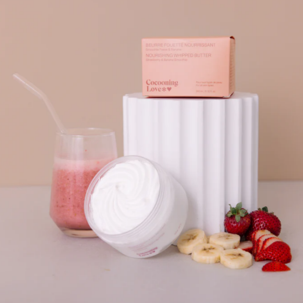Beurre fouetté smoothie fraise et banane Cocooning Love pour peau douce et hydratée.