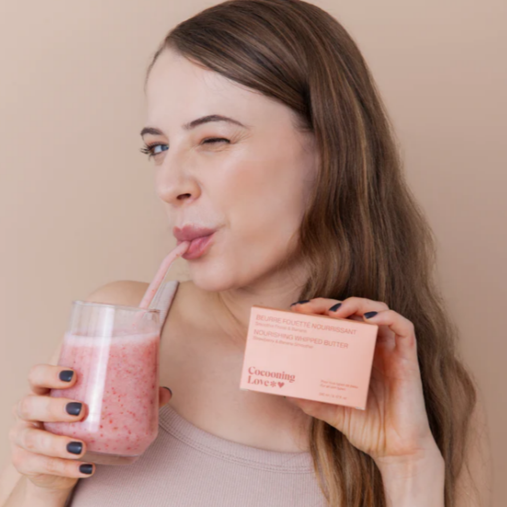 Beurre fouetté smoothie fraise et banane Cocooning Love pour peau douce et hydratée.