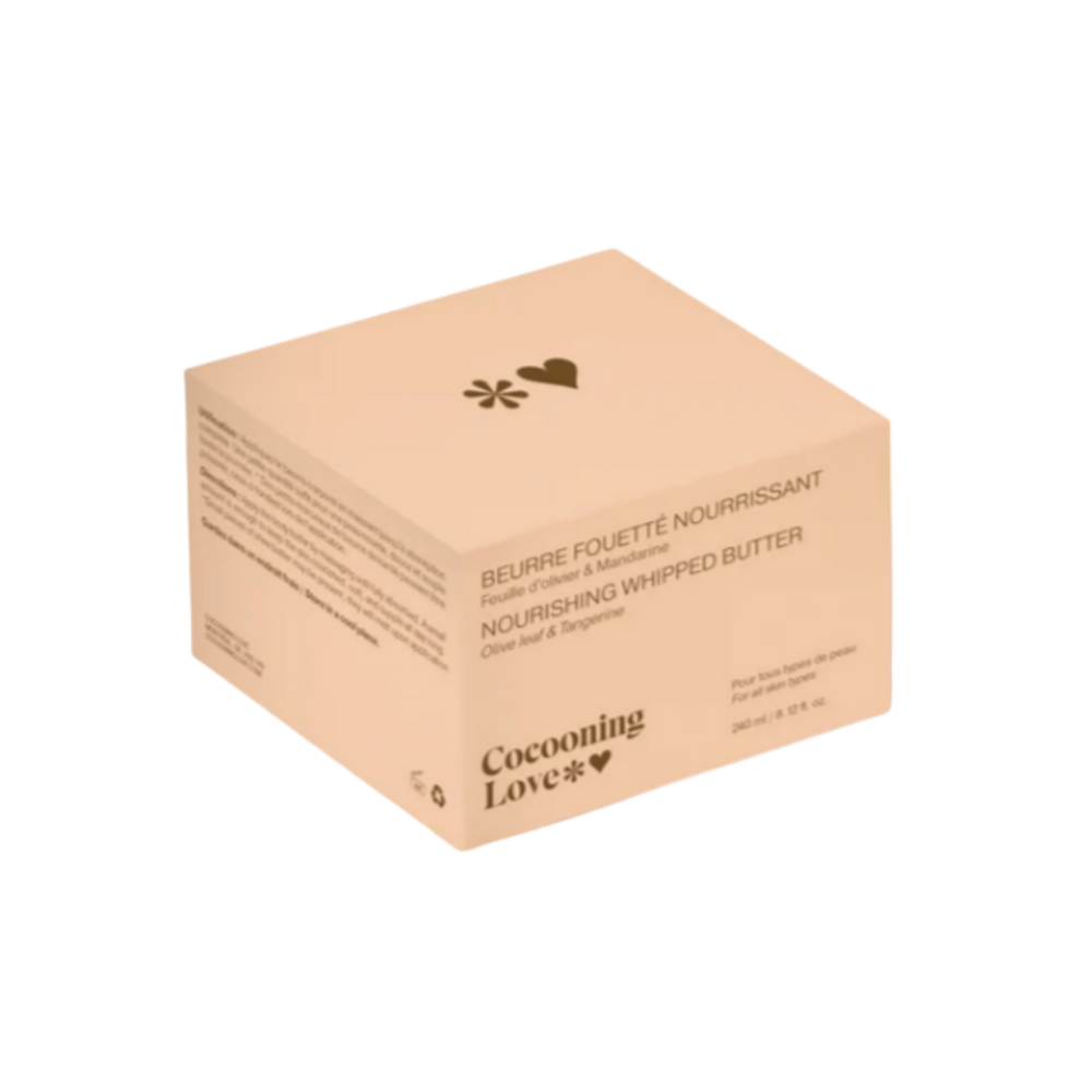 Beurre corporel fouetté feuille d’olivier et mandarine Cocooning Love hydratant pour peau douce.