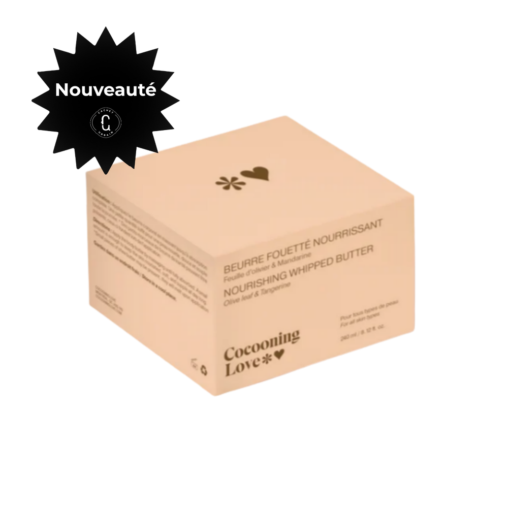 Beurre corporel fouetté feuille d’olivier et mandarine Cocooning Love hydratant pour peau douce.