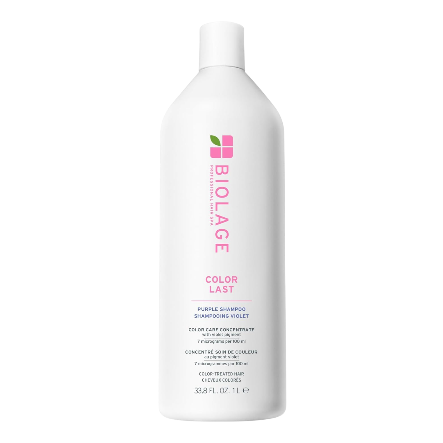 Flacon de Biolage ColorLast Purple Shampoo avec étiquette violette sur fond clair