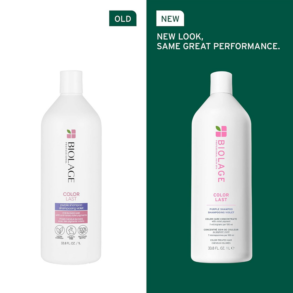 Flacon de Biolage ColorLast Purple Shampoo avec étiquette violette sur fond clair