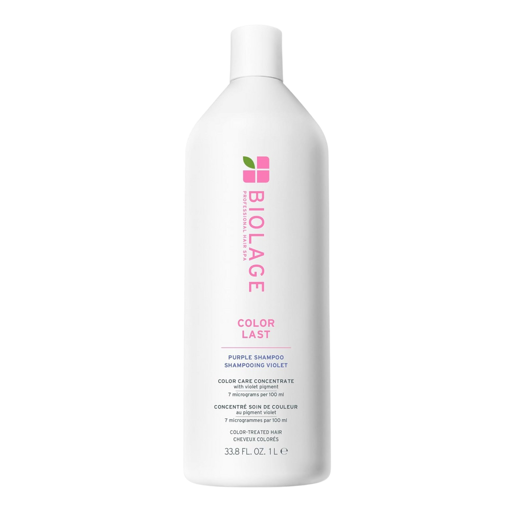 Flacon de Biolage ColorLast Purple Shampoo avec étiquette violette sur fond clair
