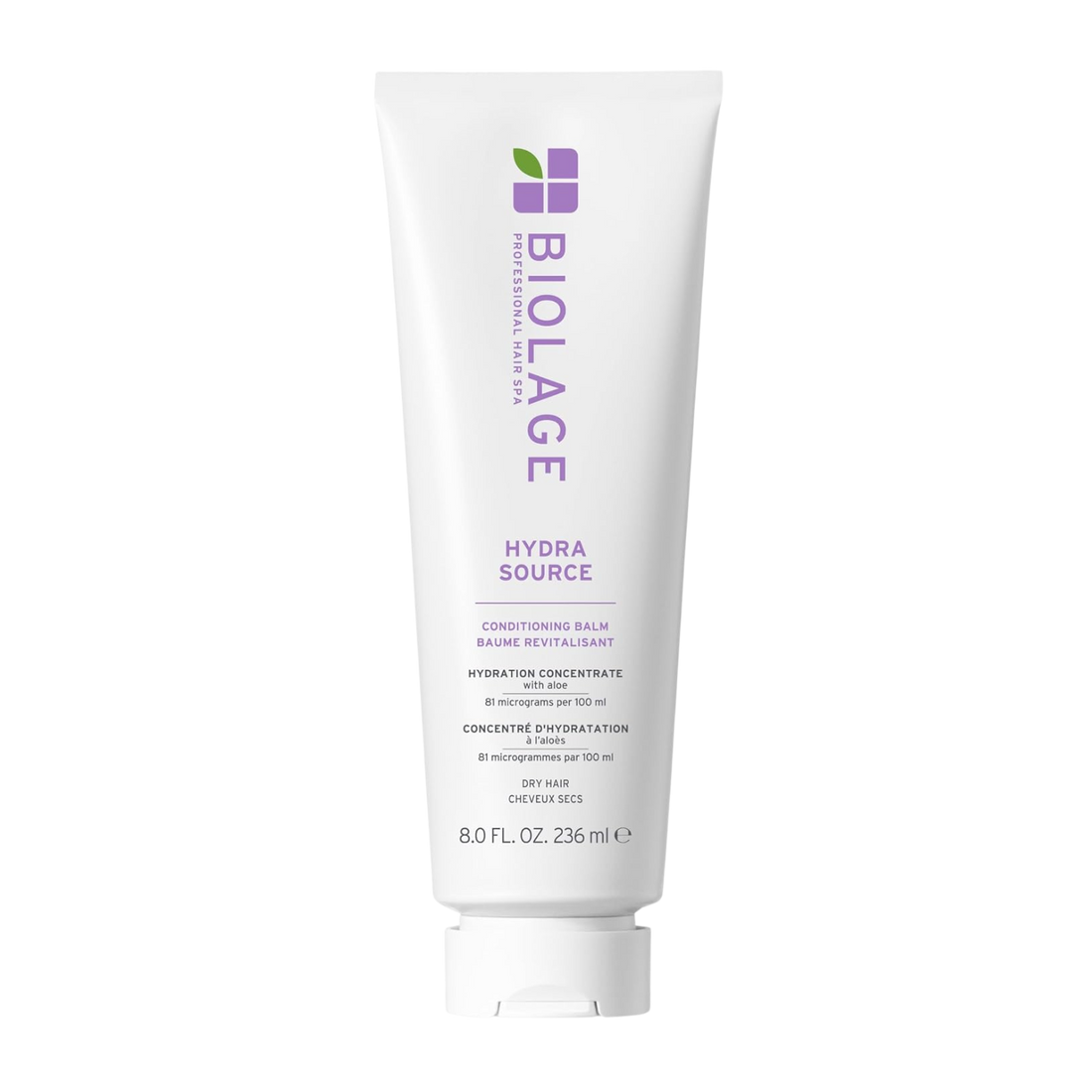 Pot / flacon du Biolage HydraSource Conditioner, étiquette visible sur fond clair