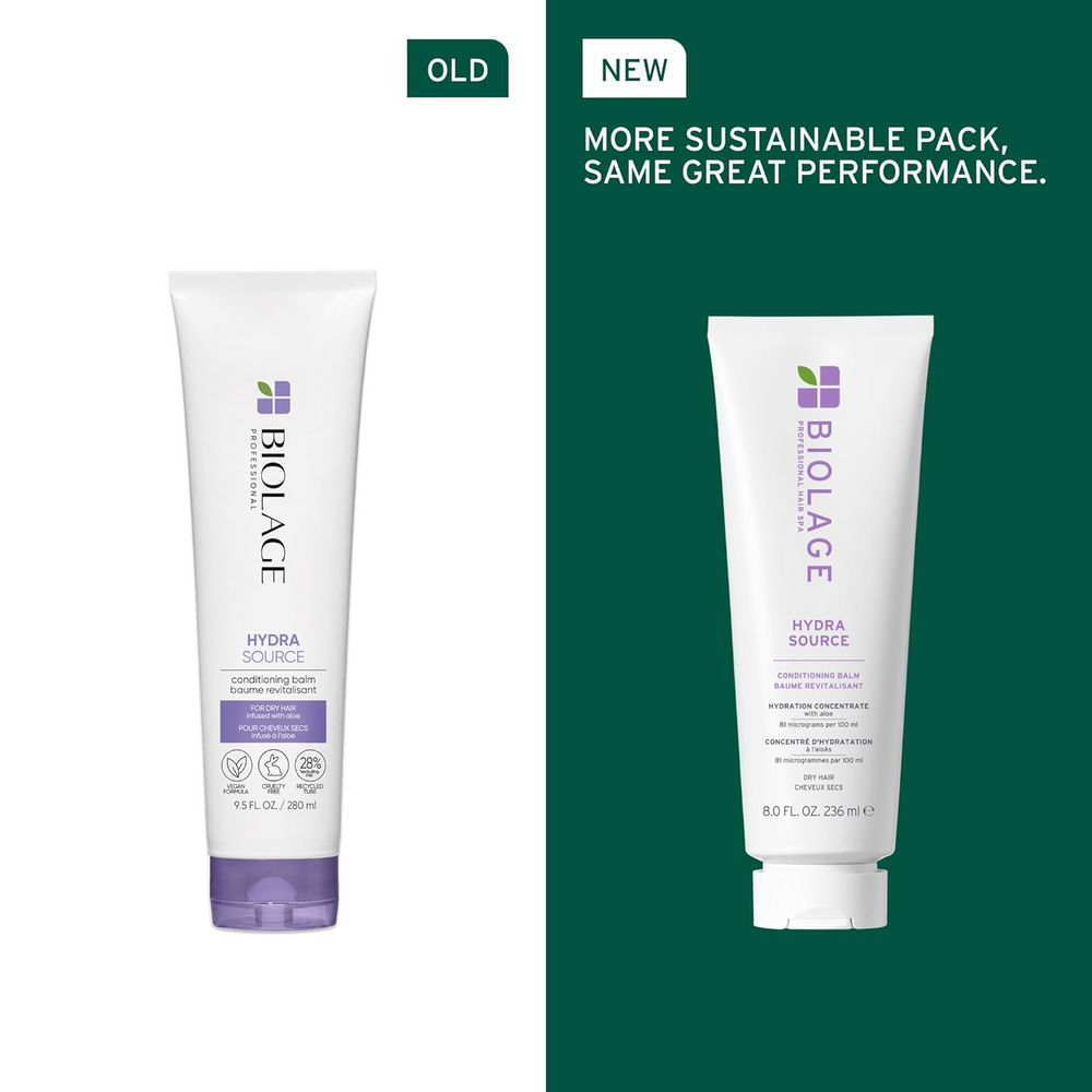 Pot / flacon du Biolage HydraSource Conditioner, étiquette visible sur fond clair