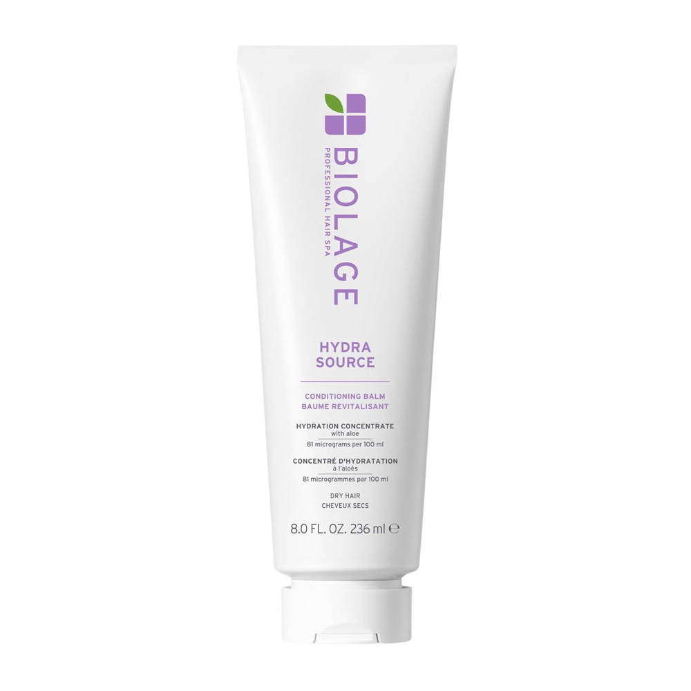 Pot / flacon du Biolage HydraSource Conditioner, étiquette visible sur fond clair