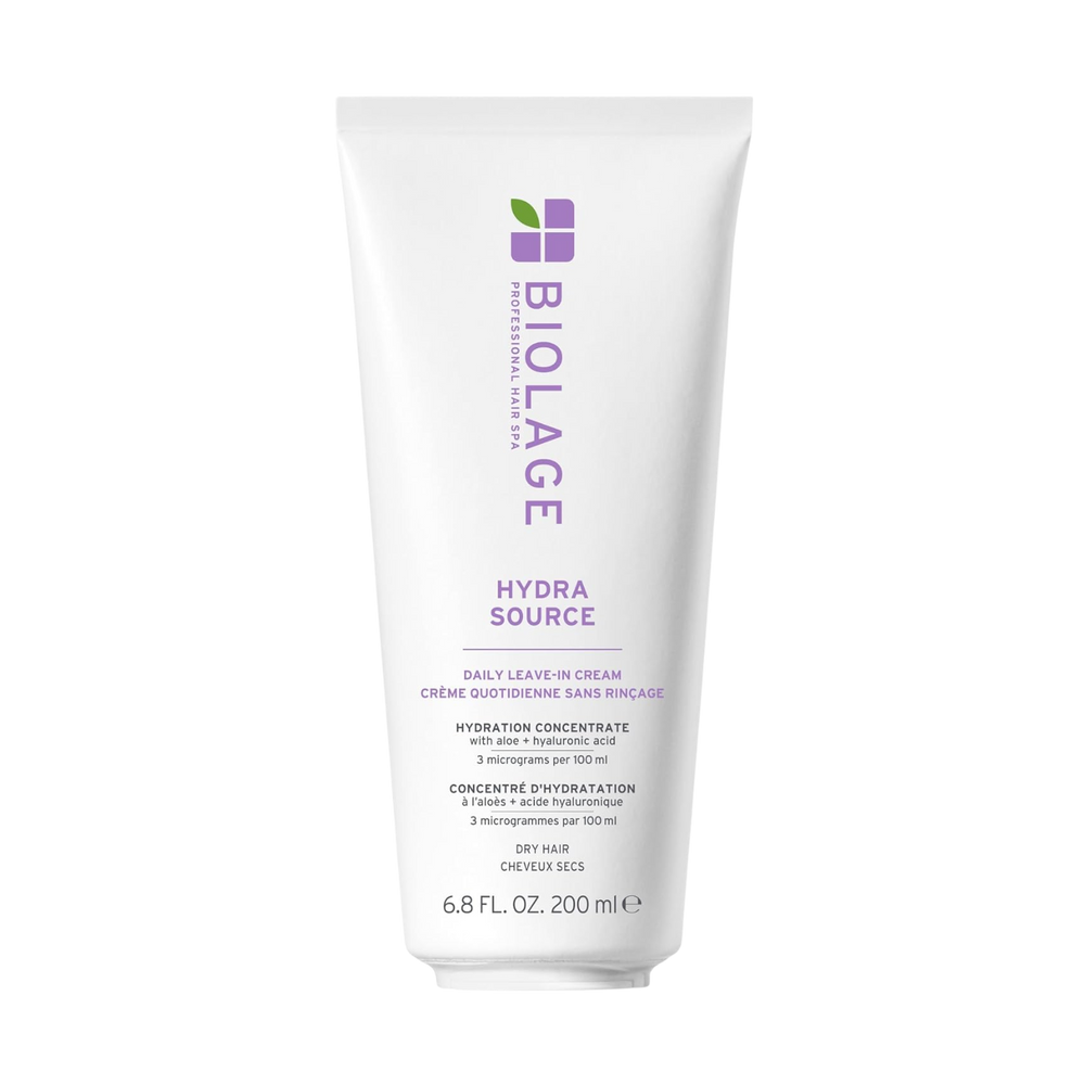 Tube Biolage HydraSource Leave‑In Cream 200 ml avec étiquette visible, fond neutre