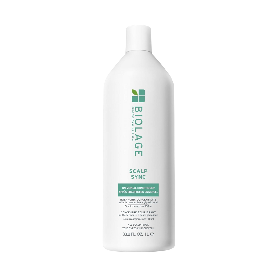 Flacon de 1000 ml du Biolage ScalpSync Universal Conditioner, enrichi en menthe poivrée, pour une hydratation légère et un démêlage efficace.