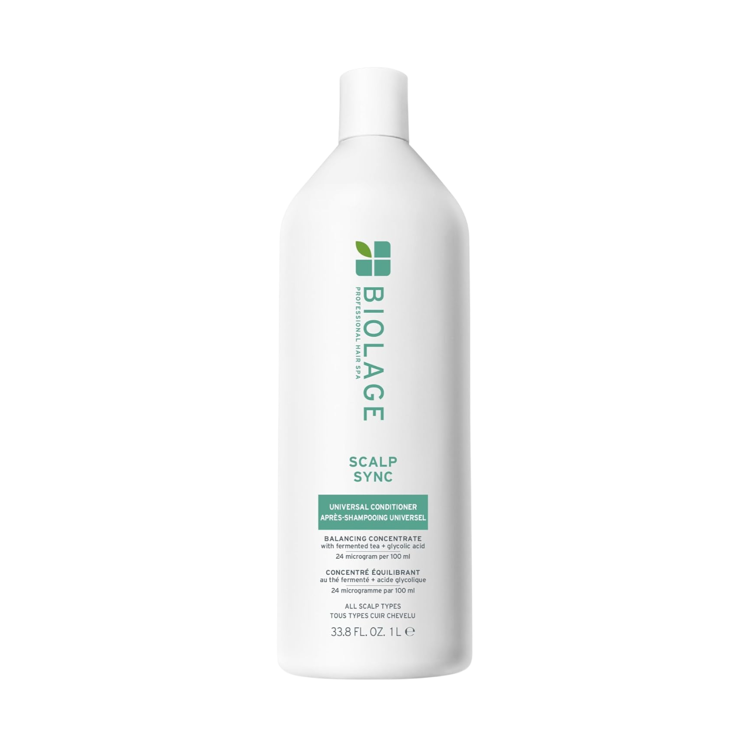 Flacon de 1000 ml du Biolage ScalpSync Universal Conditioner, enrichi en menthe poivrée, pour une hydratation légère et un démêlage efficace.