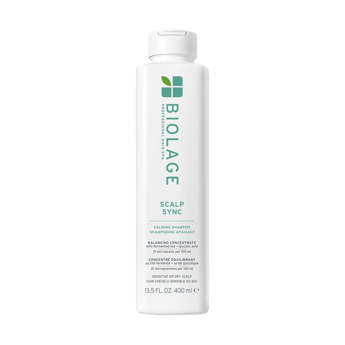 Flacon du shampooing Biolage Scalp Sync Calming – soin apaisant pour cuir chevelu irrité, sans silicone ni parabènes, formule douce vegan.