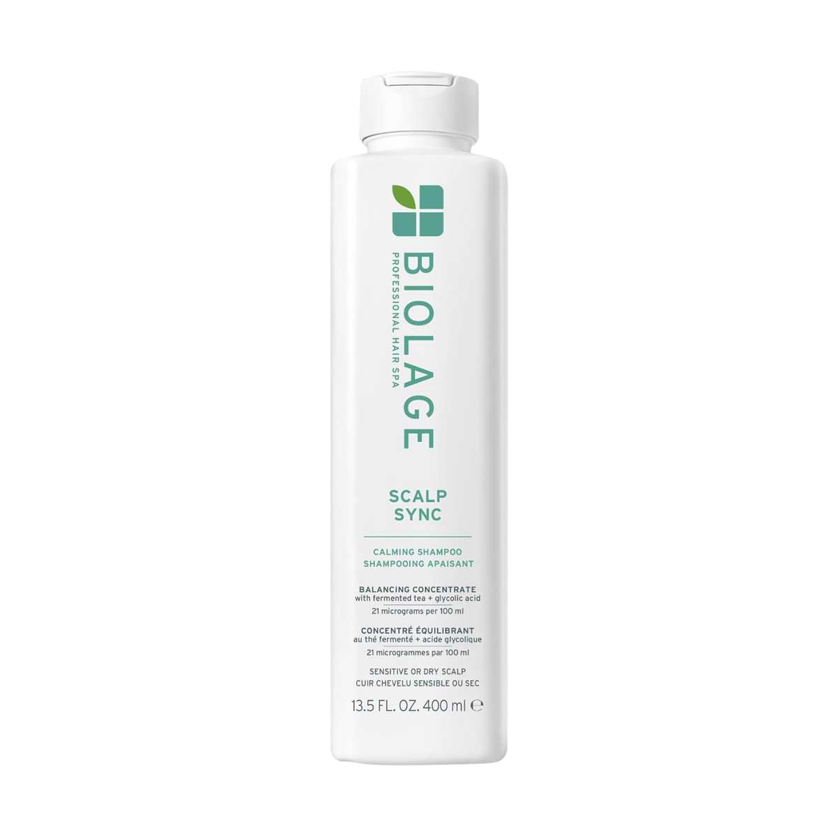 Flacon du shampooing Biolage Scalp Sync Calming – soin apaisant pour cuir chevelu irrité, sans silicone ni parabènes, formule douce vegan.